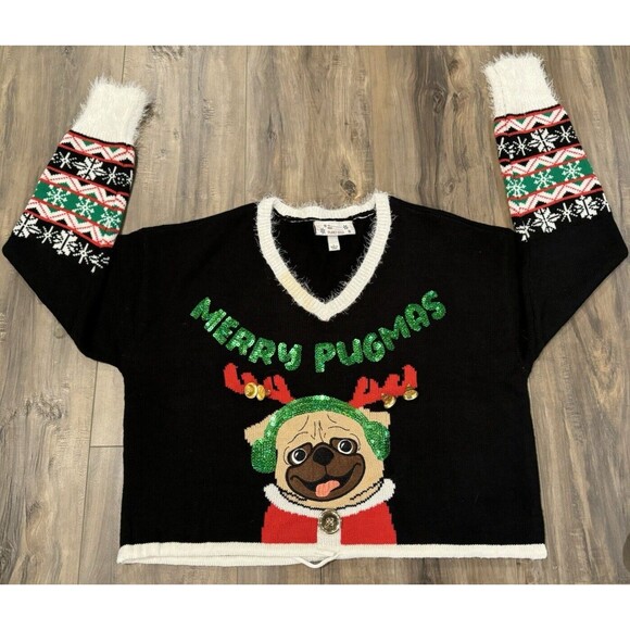 Merry Pugmas Sweater Sequins & Bells  Pullover SZ L Multicolor Holiday Pug - Picture 1 of 5
